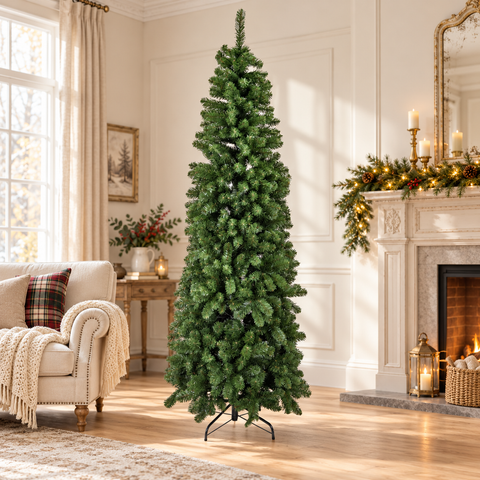 Albero di Natale slim alto 210 cm in soggiorno natalizio