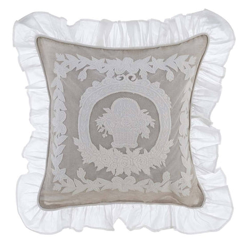 Beige and white linen cushion with white embroidery and frill 50×50