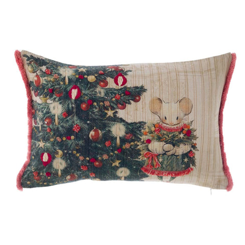 Cuscino Natalizio con Topolino e Albero di Natale – Collezione Favola di Natale Blanc Mariclò – 100% Cotone 33x50 cm