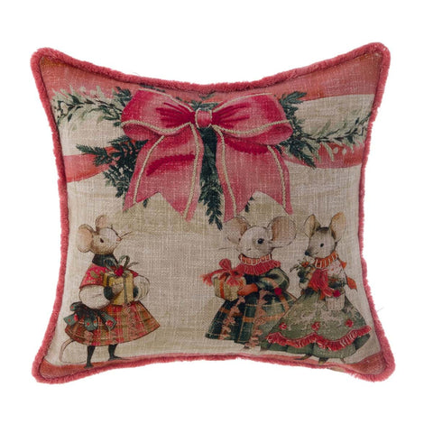 Cuscino Natalizio con Topolini e Fiocco – Collezione Favola di Natale Blanc Mariclò – 100% Cotone 45x45 cm