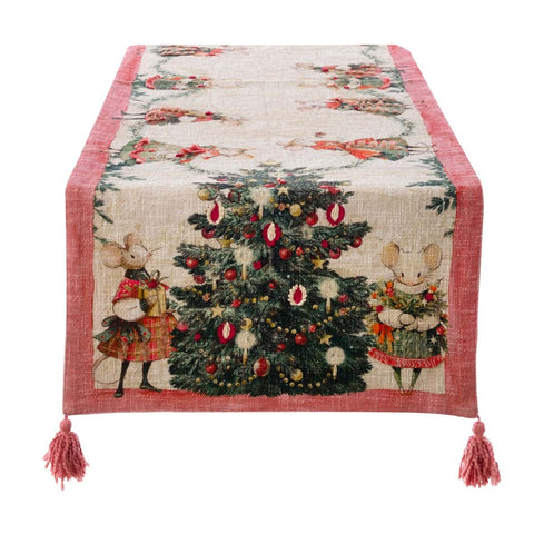 Blanc Mariclò – Runner stampato e ricamato con nappe Collezione Favola di Natale 50×180 cm