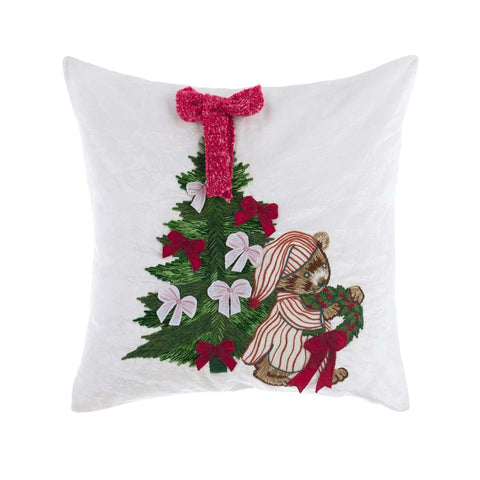Cuscino Quadrato con Ricami e Applicazioni Orsetto e Albero di Natale – Blanc Mariclò, 50x50 cm