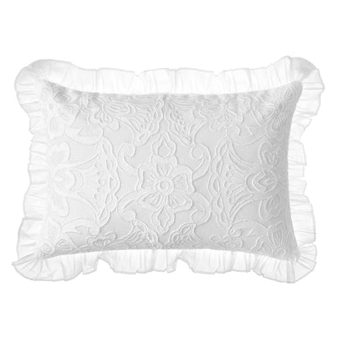 Cuscino Rettangolare Bianco in Cotone Ricamato con Volant - Lace Couture, 35x50cm