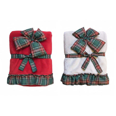Plaid Invernale Sherpa con Volant Scozzese Tartan e Fiocco – Blanc Mariclò, 140x170cm