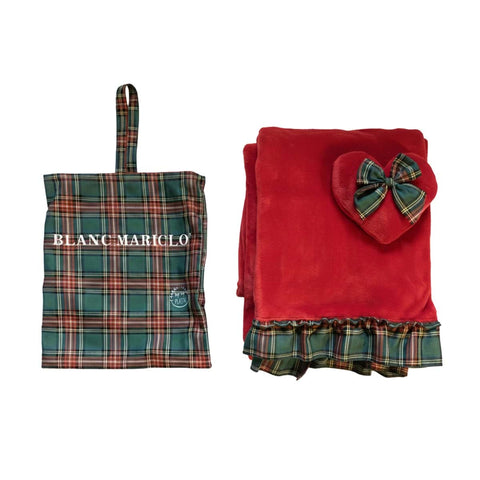 Plaid Invernale in Pile Rosso con Gala Tartan e Applicazione Cuore – Blanc Mariclò, 140x170cm