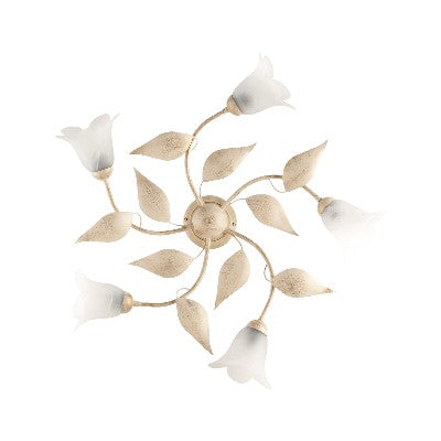 Plafoniera Shabby Chic in Ferro Bianco e Argento o Avorio e Oro con Vetri Alabastro – Avorio / Oro – 5 luci
