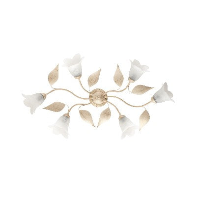 Plafoniera Shabby Chic in Ferro Bianco e Argento o Avorio e Oro con Vetri Alabastro – Avorio / Oro – 6 luci