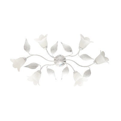 Plafoniera Shabby Chic in Ferro Bianco e Argento o Avorio e Oro con Vetri Alabastro – Bianco / Argento – 6 luci