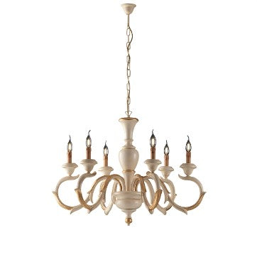 Lampadario Shabby Chic in Legno Bianco o Avorio e Foglia Oro – Avorio / Foglia oro – 6 luci