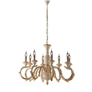 Lampadario Shabby Chic in Legno Bianco o Avorio e Foglia Oro – Avorio / Foglia oro – 8 luci