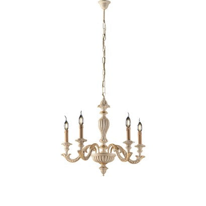 Lampadario Shabby Chic in Legno Bianco o Avorio e Foglia Oro – Avorio / Foglia oro – 5 luci