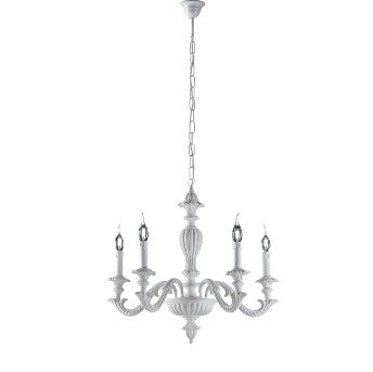 Lampadario Shabby Chic in Legno Bianco o Avorio e Foglia Oro – Bianco Shabby – 5 luci