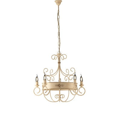 Lampadario Vintage in Ferro Nero Ruggine o Avorio Decapé – Avorio / Oro – 5 luci