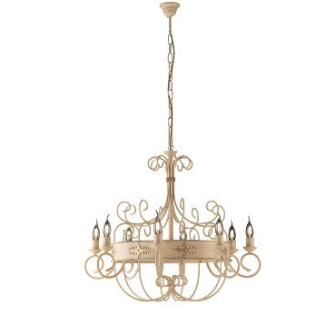 Lampadario Vintage in Ferro Nero Ruggine o Avorio Decapé – Avorio / Oro – 8 luci