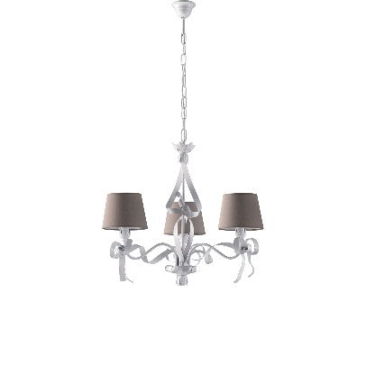 Lampadario Shabby Chic in Ferro Bianco con Paralumi Tortora – Bianco Shabby – 3 luci