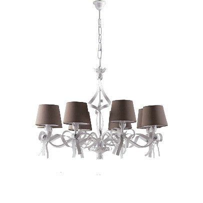 Lampadario Shabby Chic in Ferro Bianco con Paralumi Tortora – Bianco Shabby – 8 luci