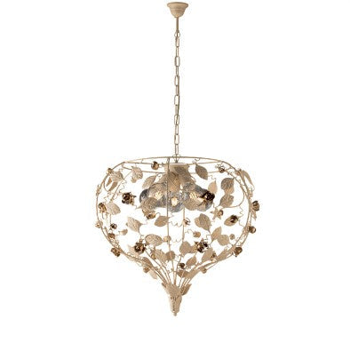 Lampadario Shabby Chic in Ferro Bianco Shabby o Avorio Decapé – Avorio / Oro – 5 luci