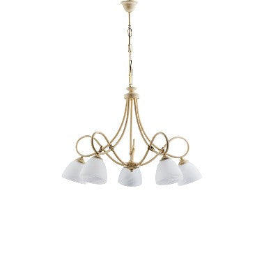 Lampadario Vintage in Ferro Nero Ruggine o Avorio Decapé con Vetri Alabastro – Avorio / Decapè – 5 luci