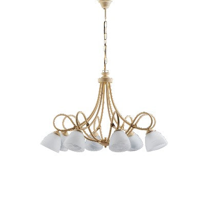 Lampadario Vintage in Ferro Nero Ruggine o Avorio Decapé con Vetri Alabastro – Avorio / Decapè – 8 luci