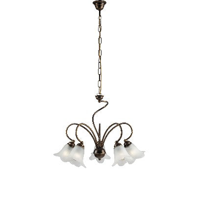 Lampadario Vintage in Ferro Marrone o Avorio e Oro con Vetri Alabastro – Marrone / Oro – 5 luci