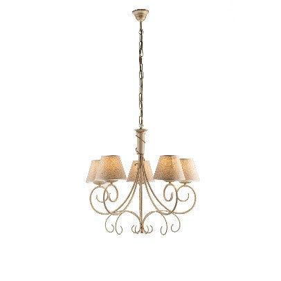 Lampadario Vintage in Ferro Marrone o Avorio e Oro con Paralumi Effetto Juta – Avorio / Oro – 5 luci
