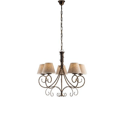 Lampadario Vintage in Ferro Marrone o Avorio e Oro con Paralumi Effetto Juta – Marrone / Oro – 5 luci
