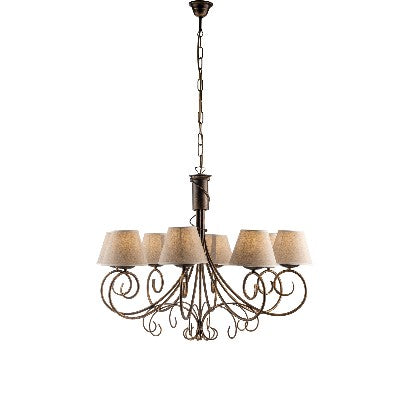 Lampadario Vintage in Ferro Marrone o Avorio e Oro con Paralumi Effetto Juta – Marrone / Oro – 8 luci