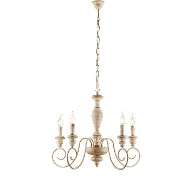 Lampadario Shabby Chic in Legno e Ferro Bianco o Tortora – Bianco / Tortora – 5 luci