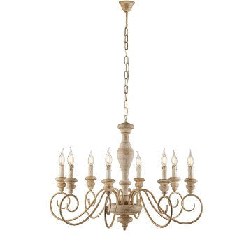 Lampadario Shabby Chic in Legno e Ferro Bianco o Tortora – Bianco / Tortora – 8 luci