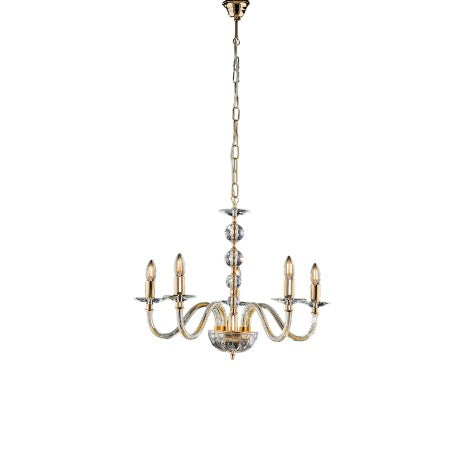 Lampadario Classico in Ferro Dorato e Cristallo – Cristallo / Oro Lucido – 5 luci