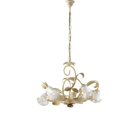 Lampadario Shabby Chic in Ferro Bianco Shabby o Avorio Decapé – Avorio / Oro – 5 luci