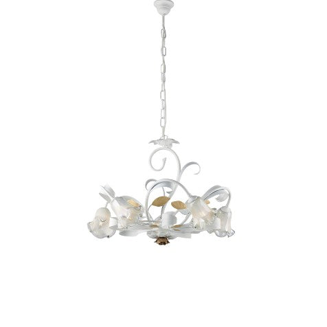 Lampadario Shabby Chic in Ferro Bianco Shabby o Avorio Decapé – Bianco / Oro – 5 luci