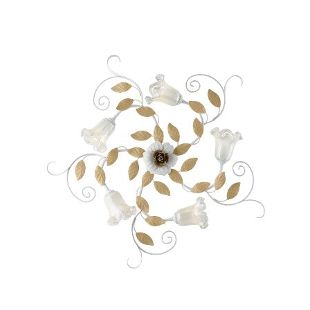 Plafoniera Shabby Chic in Ferro Bianco Shabby o Avorio Decapé – Bianco / Oro – 5 luci