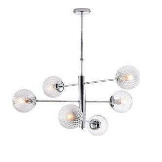 Lampada a Sospensione Moderna in Ferro Cromato o Bronzato con Sfere in Vetro – Cromo Lucido – 6 luci – Standard