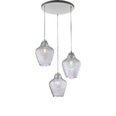 Lampada a Sospensione Moderna con Vetro Soffiato Trasparente, Grigio o Ambra – Trasparente – 3 luci
