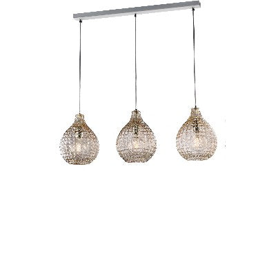 Lampada a Sospensione Moderna con Vetro Soffiato Effetto Cristallo – Ambra – 3 luci su binario