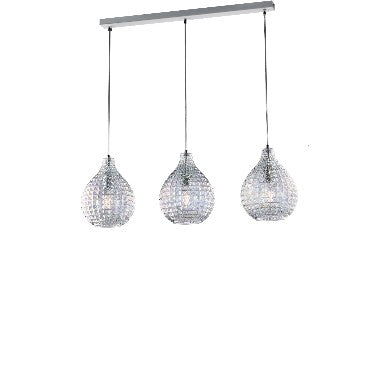 Lampada a Sospensione Moderna con Vetro Soffiato Effetto Cristallo – Trasparente – 3 luci su binario