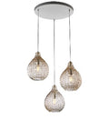 Lampada a Sospensione Moderna con Vetro Soffiato Effetto Cristallo – Ambra – 3 luci rosone tondo