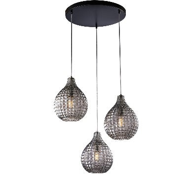 Lampada a Sospensione Moderna con Vetro Soffiato Effetto Cristallo – Grigio Specchiato – 3 luci rosone tondo