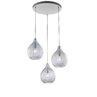 Lampada a Sospensione Moderna con Vetro Soffiato Effetto Cristallo – Trasparente – 3 luci rosone tondo
