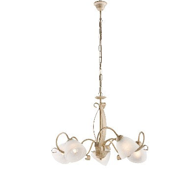 Lampadario Vintage in Ferro Marrone o Avorio e Oro con Vetri Alabastro – Avorio / Oro – 5 luci