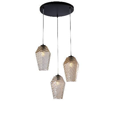 Lampada a Sospensione Moderna con Vetro Soffiato Trasparente, Grigio o Ambra – Ambra – 3 luci