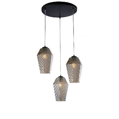 Lampada a Sospensione Moderna con Vetro Soffiato Trasparente, Grigio o Ambra – Grigio Specchiato – 3 luci