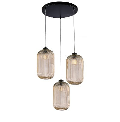 Lampada a Sospensione Moderna con Vetro Soffiato Trasparente, Grigio o Ambra – Ambra – 3 luci