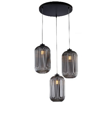 Lampada a Sospensione Moderna con Vetro Soffiato Trasparente, Grigio o Ambra – Grigio Specchiato – 3 luci