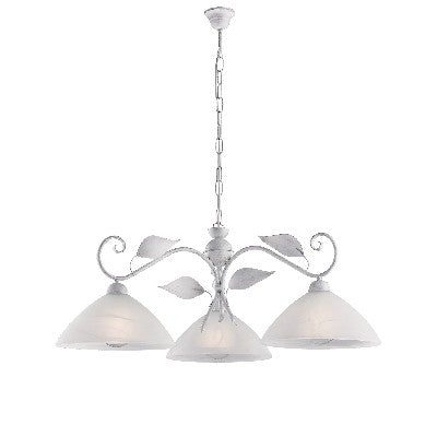 Lampadario Classico in Ferro Bianco e Argento o Avorio e Oro con Vetri Alabastro – Bianco / Argento – 3 luci