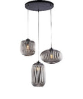 Lampada a Sospensione Moderna con Vetro Soffiato Grigio Specchiato o Ambra – Grigio Specchiato – 3 luci rosone tondo