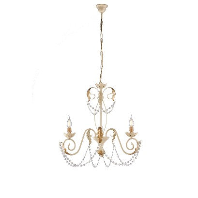 Lampadario Shabby Chic in Ferro Bianco o Avorio e Oro con Strass – Avorio / Oro – 3 luci
