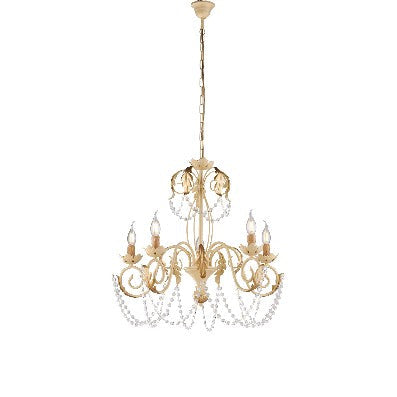 Lampadario Shabby Chic in Ferro Bianco o Avorio e Oro con Strass – Avorio / Oro – 5 luci