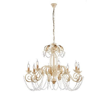 Lampadario Shabby Chic in Ferro Bianco o Avorio e Oro con Strass – Avorio / Oro – 8 luci